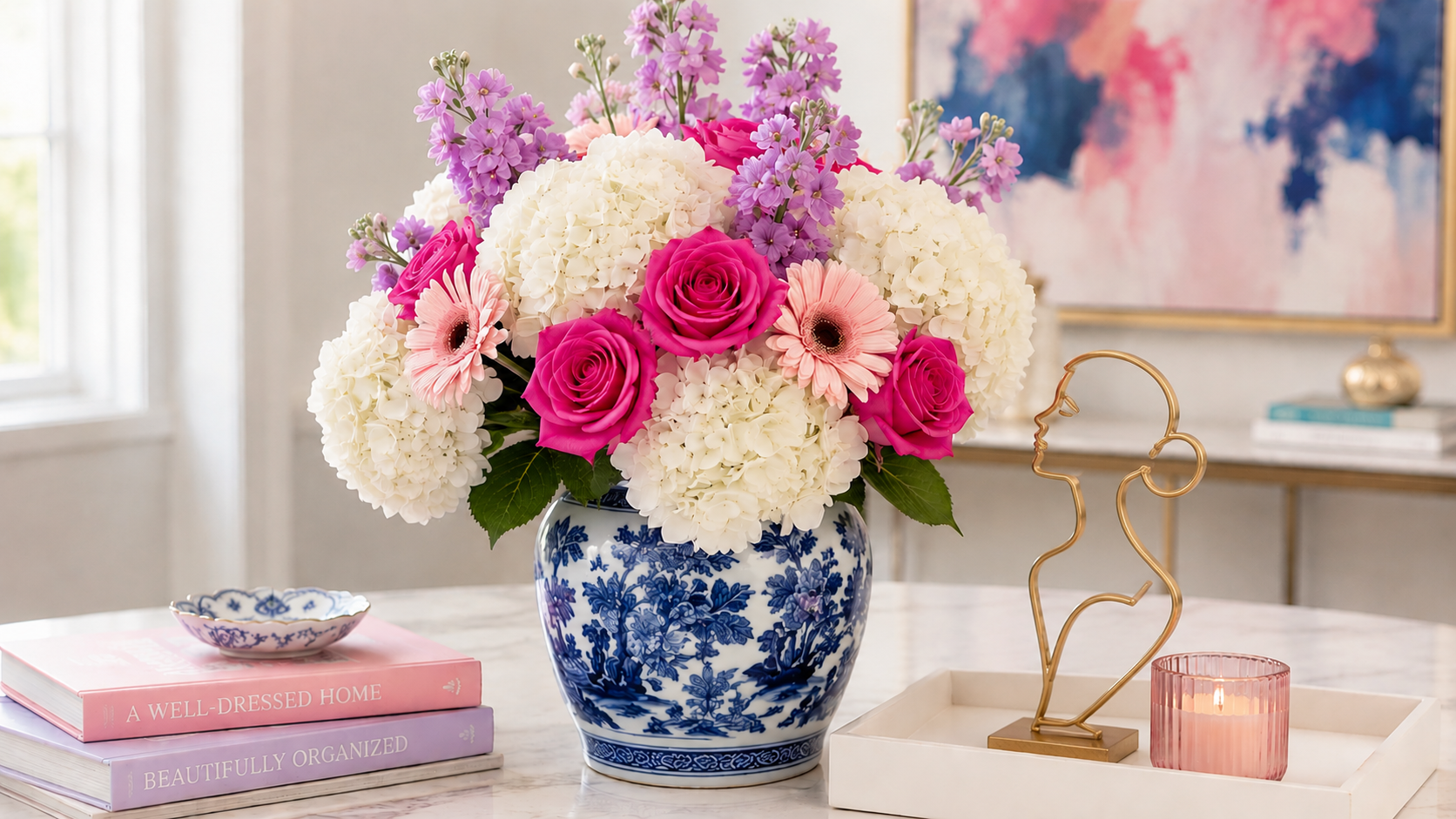 Botanical scene with peonies, hydrangeas, lavender and chinoiserie bowl — Sorelle Health conditions Charlotte NC