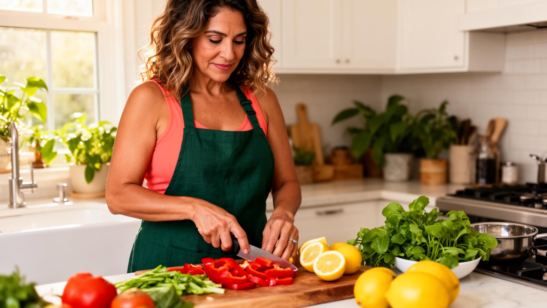 Woman in a green apron chopping fresh peppers and lemons in a sunny kitchen — hormone changes before menopause, Charlotte women's health