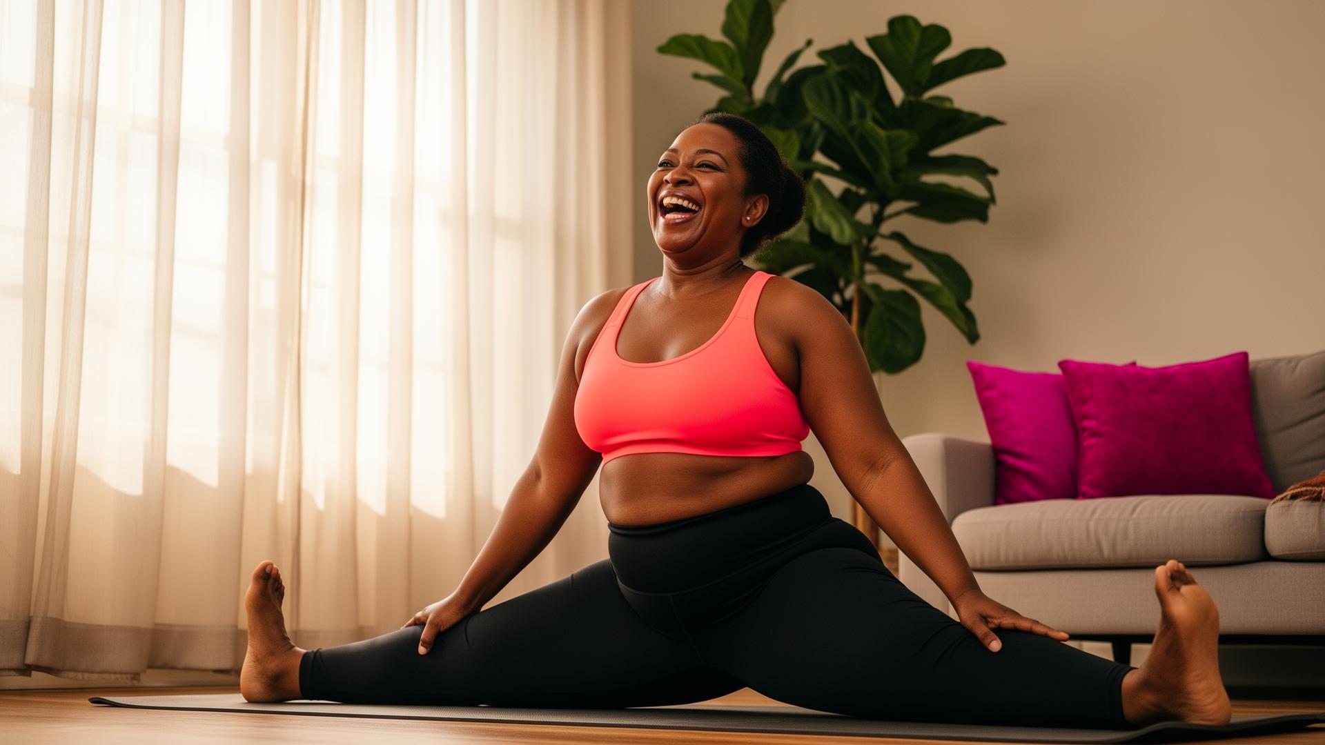Woman in a coral sports bra stretching joyfully on a yoga mat in a sunlit living room — irregular bleeding and cycle changes, Charlotte women's health