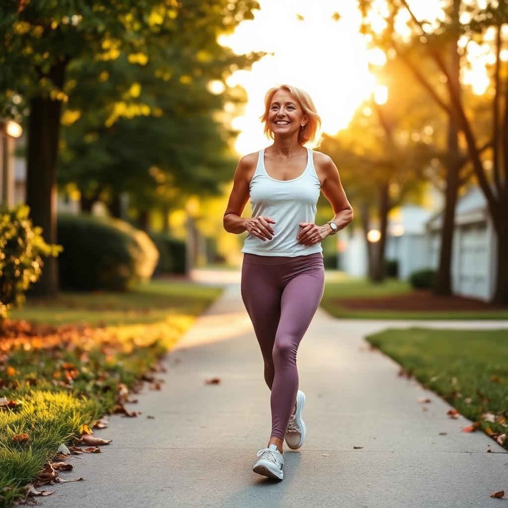 Woman in her late 40s in a cream tank and mauve leggings walking through a leafy Charlotte neighborhood at golden hour — menopause weight management, Charlotte women's health