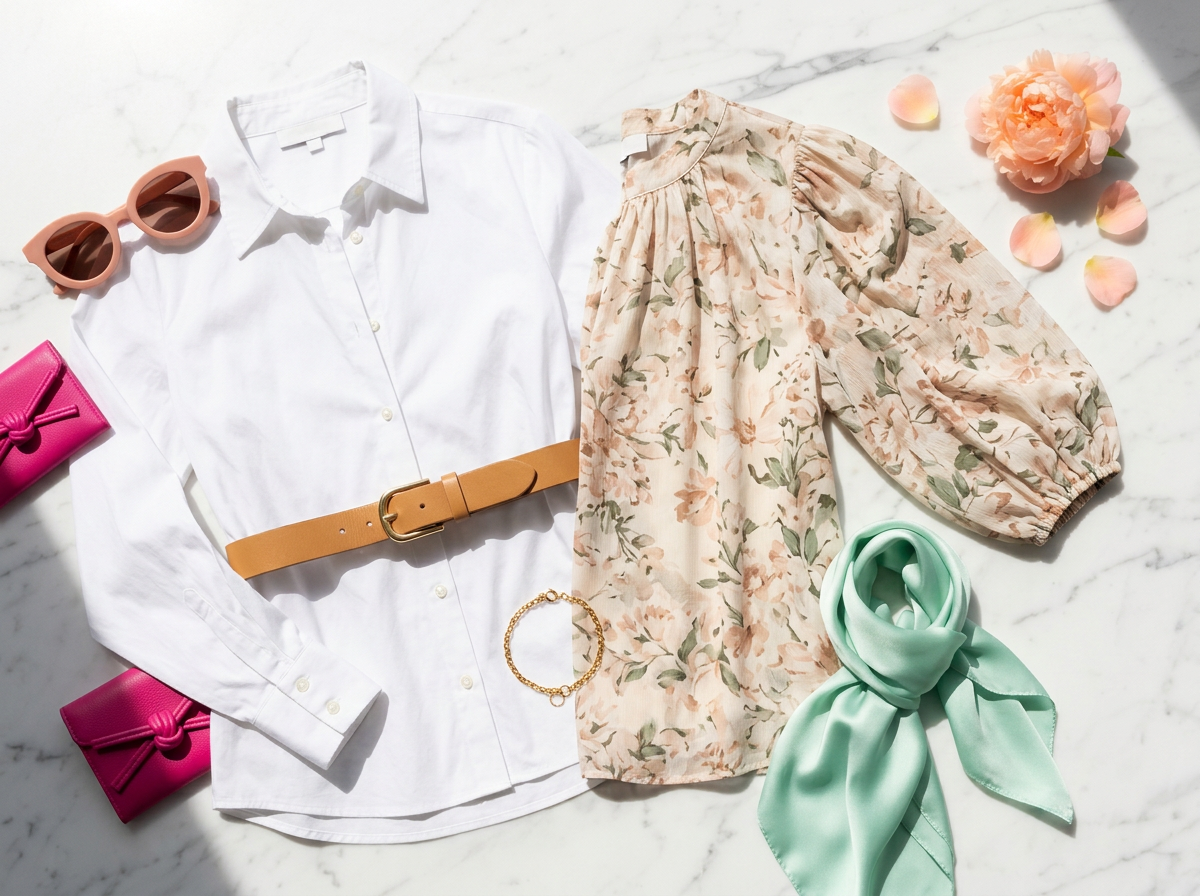 Bright marble flat lay with blush sunglasses, hot-pink wallet, gold bracelet, and mint silk scarf, symbolizing women's health care across generations