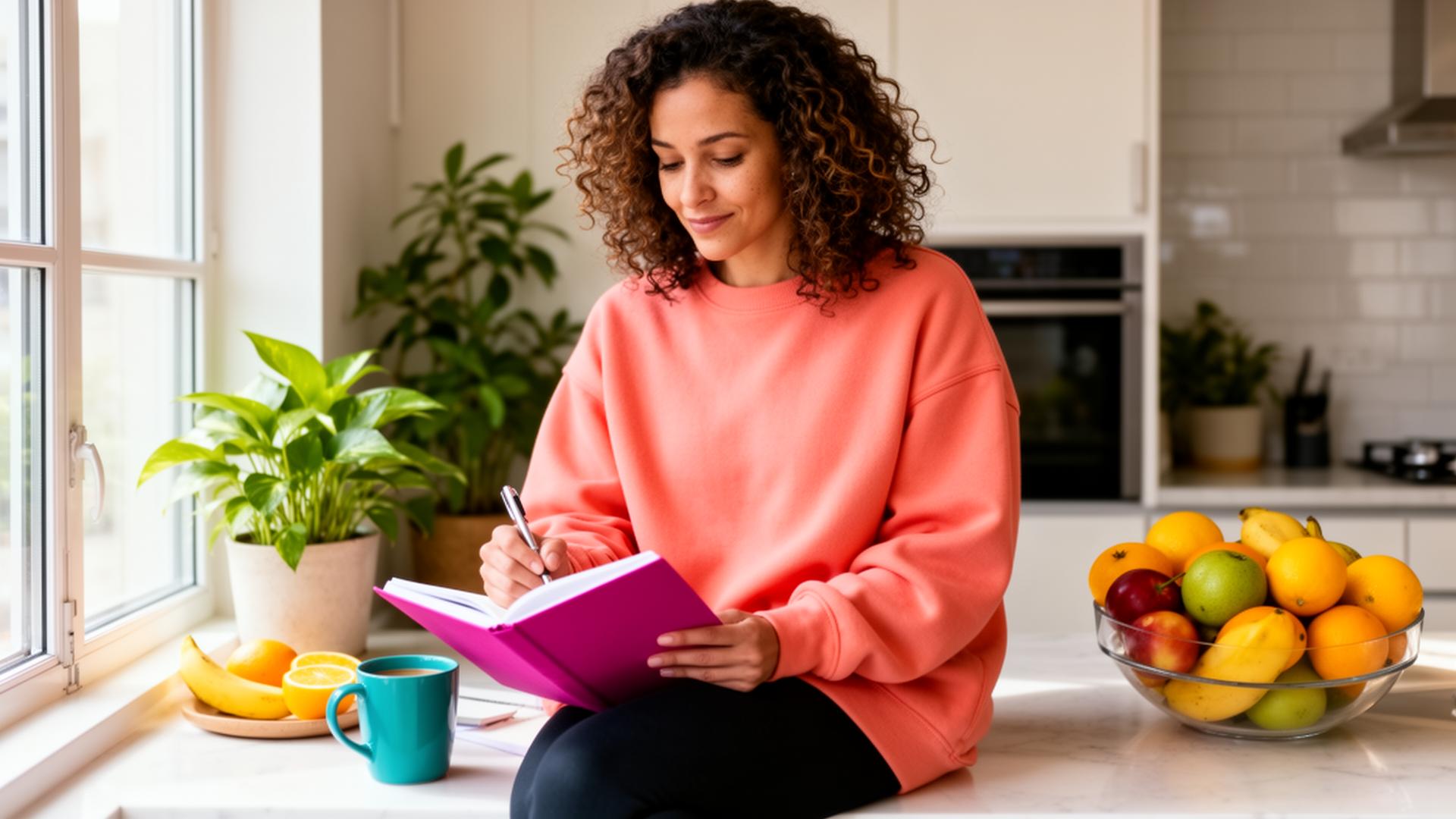 Woman in a coral sweatshirt journaling at a sunlit kitchen counter with fruit and houseplants — hormone testing during perimenopause, Charlotte women's health