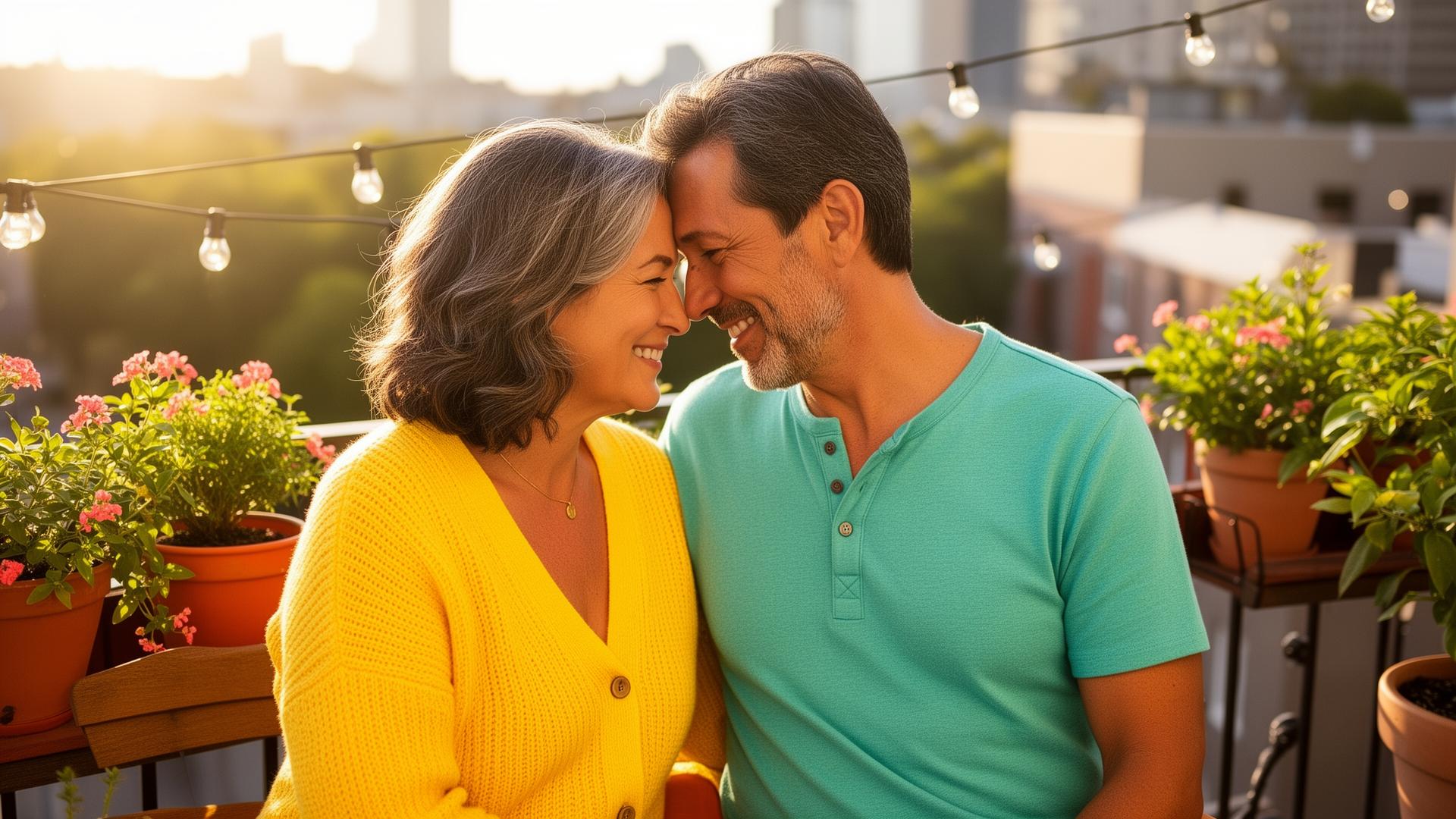 Affectionate couple in their 40s smiling on a sunlit balcony with string lights and potted plants — pain with intercourse after 40, Charlotte women's health