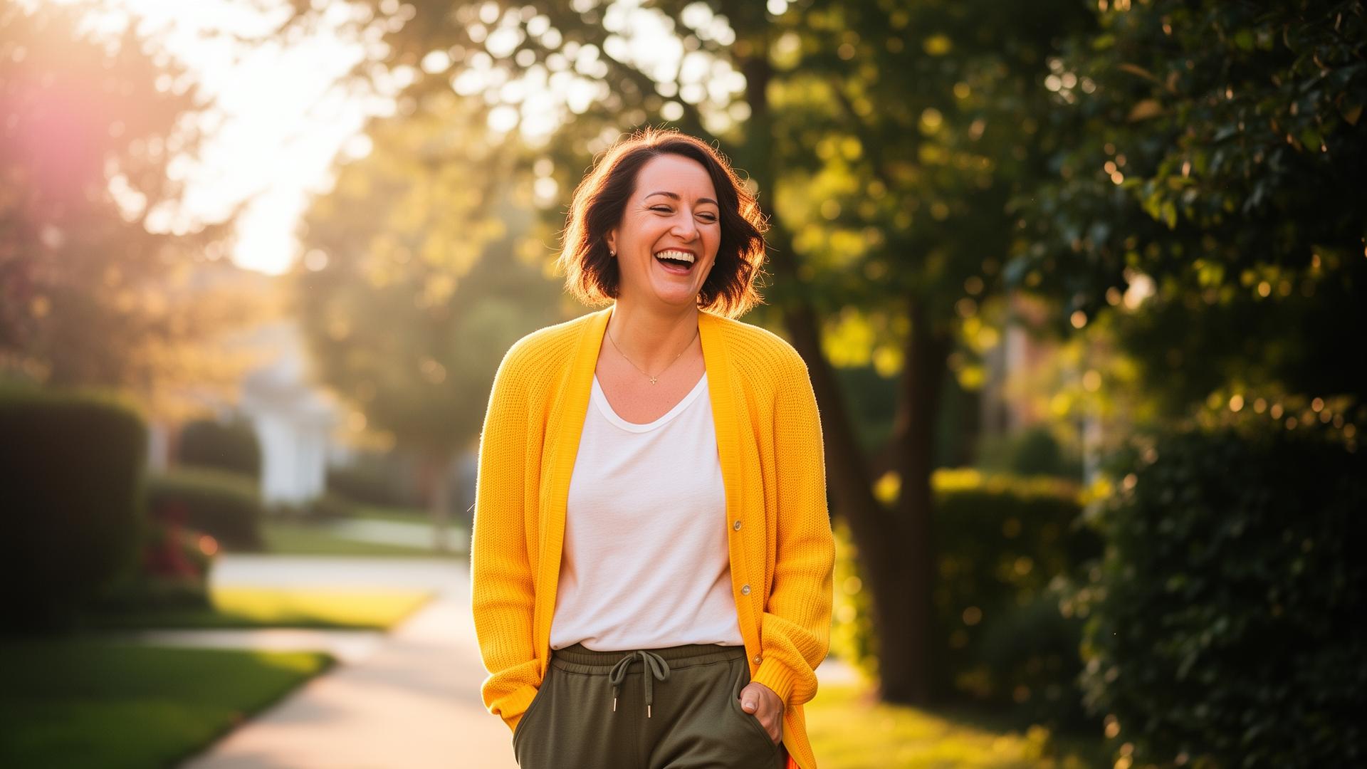 Smiling woman in her late 30s in a sunny yellow cardigan on a golden-hour neighborhood walk — early perimenopause, Charlotte women's health