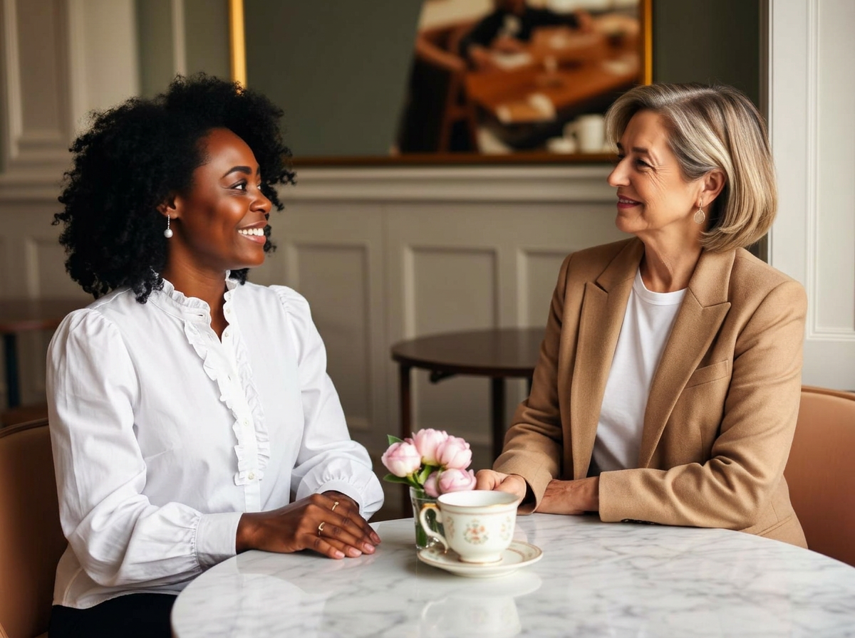Two gold-rimmed teacups beside a chinoiserie vase of pink peonies and lavender on a sunlit garden table, symbolizing collaborative patient-clinician conversations at Sorelle Health