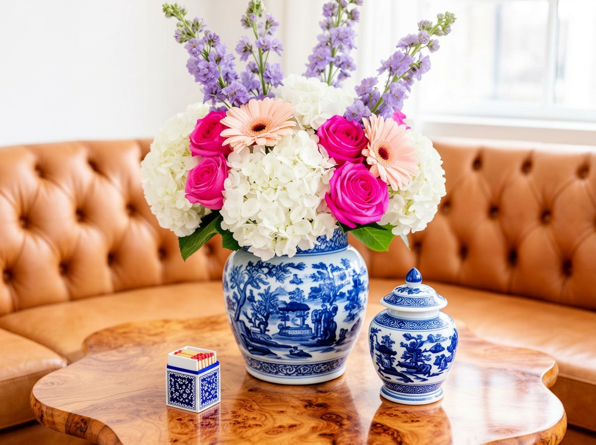 Bright bouquet of pink roses, white hydrangeas, and lavender stock in a blue-and-white chinoiserie vase, representing thoughtful boutique women's health care