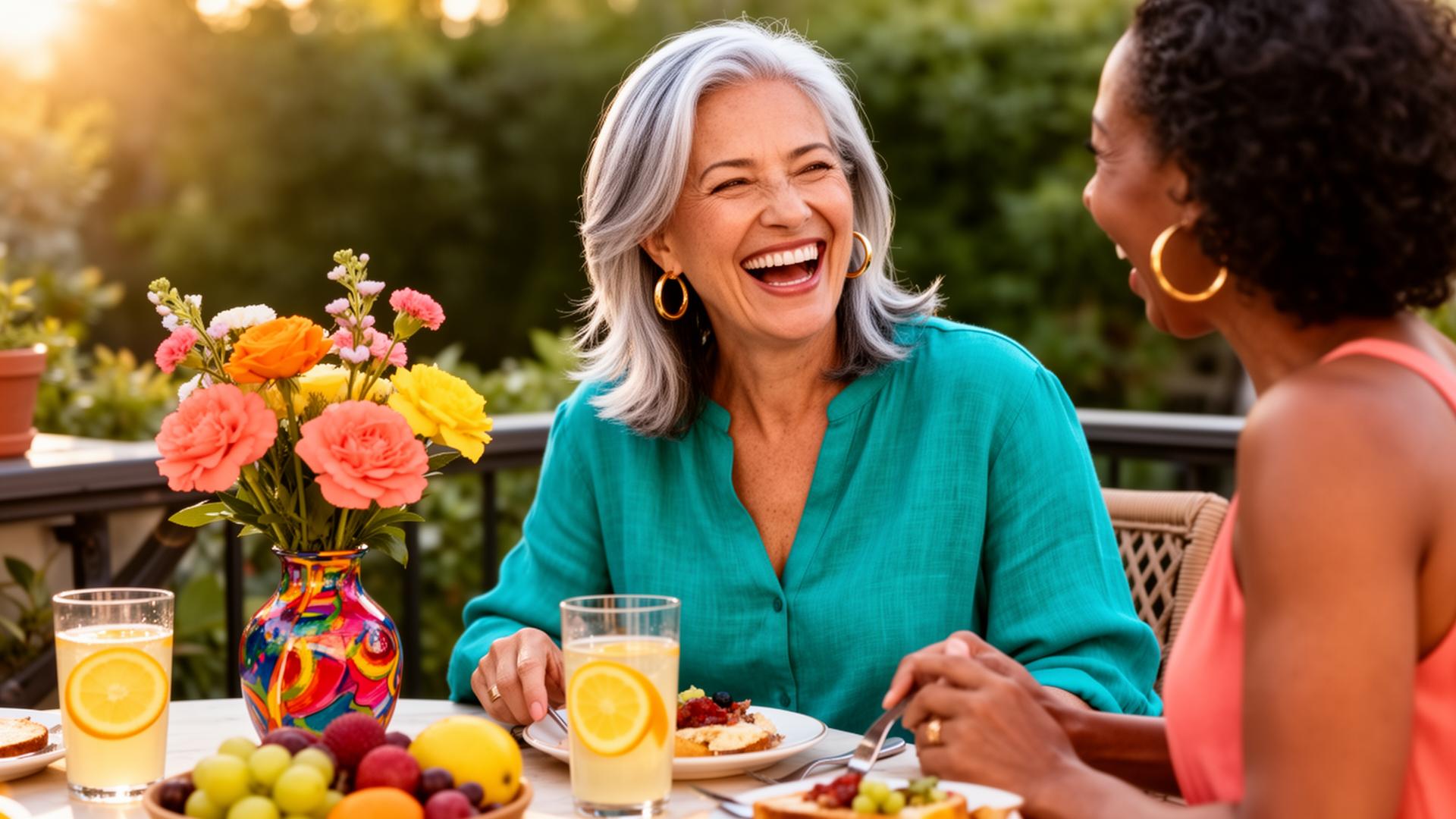 Two women friends laughing over brunch on a sunny patio with fruit and flowers — vaginal estrogen for dryness and urinary symptoms, Charlotte women's health